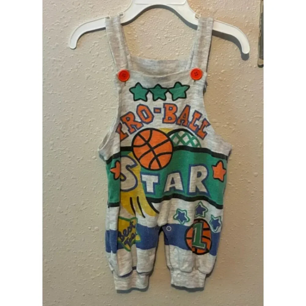 Vintage Pro Ball Star Baby Overalls Romper 0-6 Months Basketball One Piece